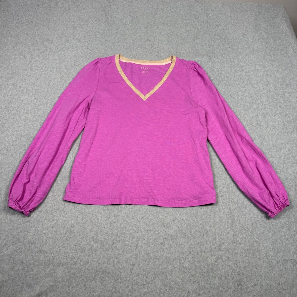 Boden Womens Magenta Pink Slub Cotton V-Neck Top Gold Trim Size US 6 UK 10